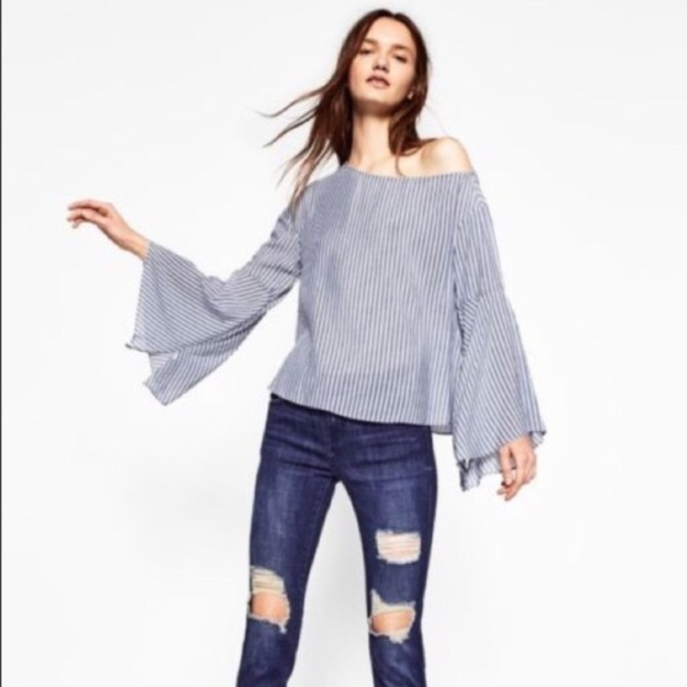 Zara Bell Sleeve Zipper Striped Blouse